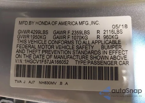 2018 Honda Accord Ex-L из США, поврежденный, VIN 1HGCV1F57JA166052